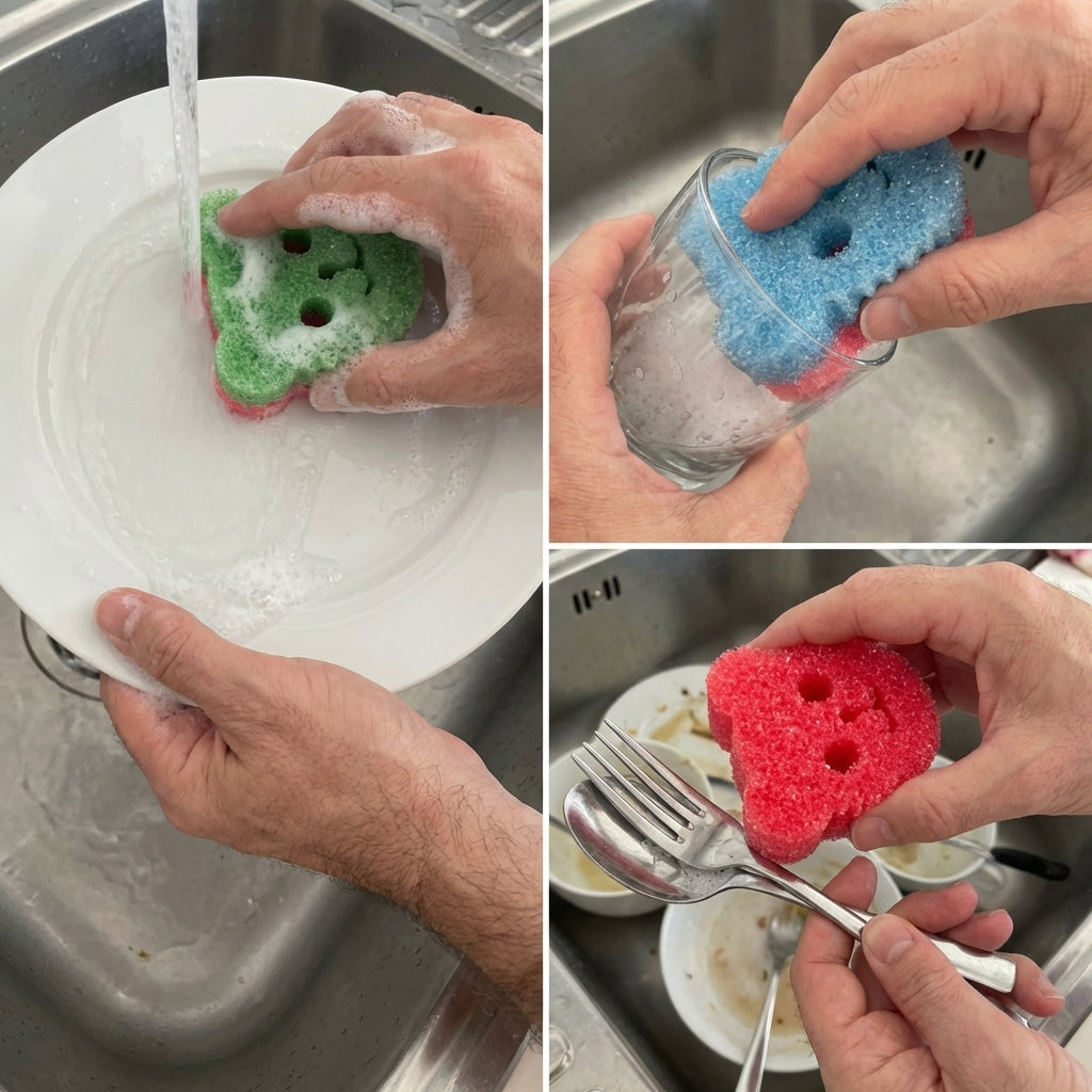 Geschirr, Gläser und Besteck reinigen mit dem Magic Teddy Schwamm