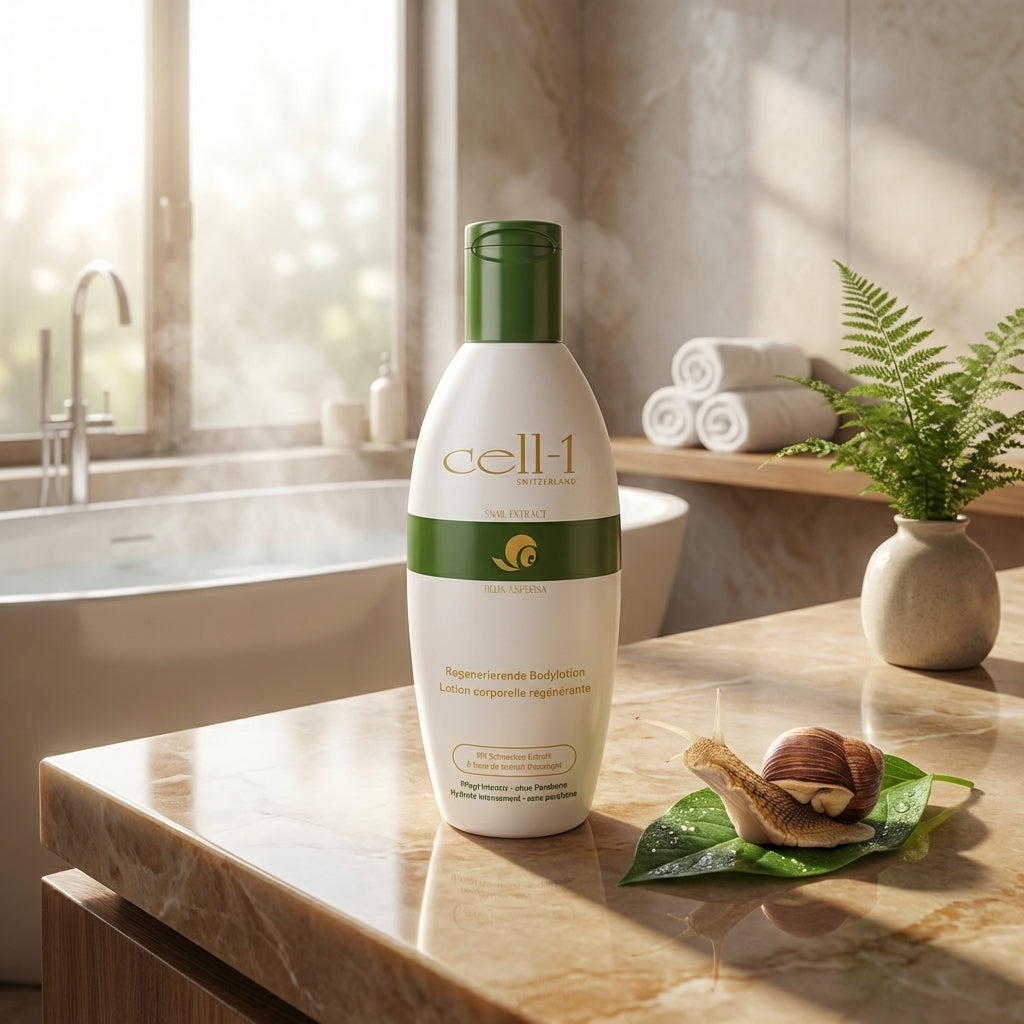 Eine Flasche mit Cell-1 Bodylotion steht im Bad, daneben eine Schnecke auf einem Blatt.