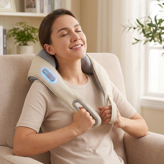 Eine Frau benutzt das Wellprime Nacken- und Schultermassagergerät