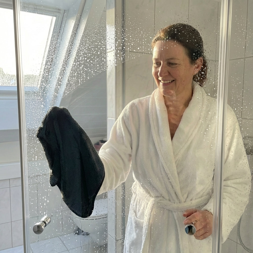 Frau trocknet ihre Glas Dusche mit dem Wundertuch 