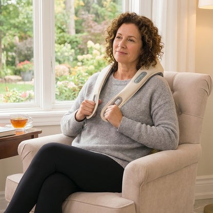 Eine Frau entspannt mit dem Wellprime Total Neck Massager auf ihrem Sofa