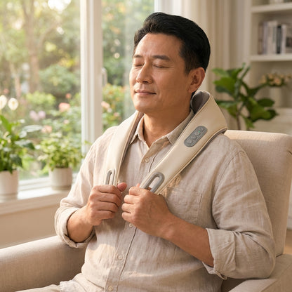 Ein Mann entspannt mit dem Wellprime Total Neck Massager auf dem Sofa