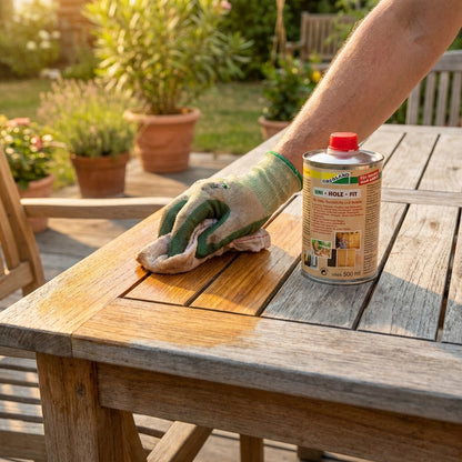 Tisch wird mit Obenland Uni Holz Fit Holzpflege und Oberflächenschutz behandelt