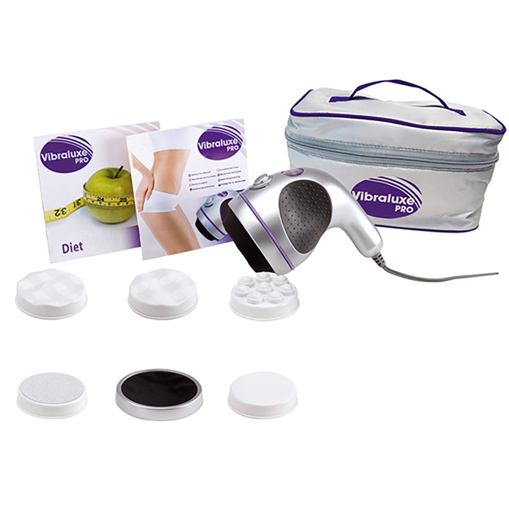 Set des Vibraluxe Pro Massagegerät mit 6 verschiedenen Aufsätzen, Tasche und Gebrauchsanweisung.