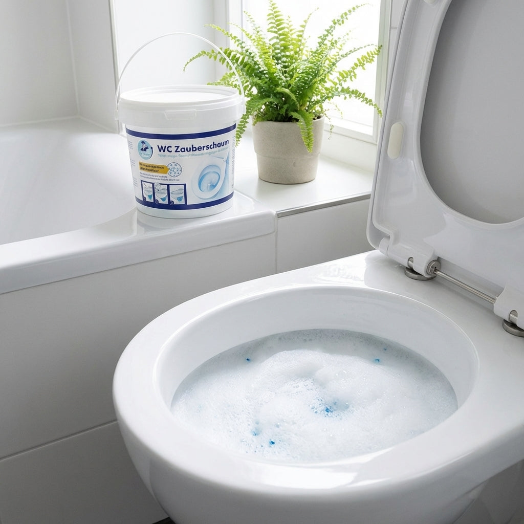 Der WC Zauberschaum wird einfach mit etwas heissem Wasser in die Toilette gegeben, nach etwa 5 Minuten spülen Sie nach.